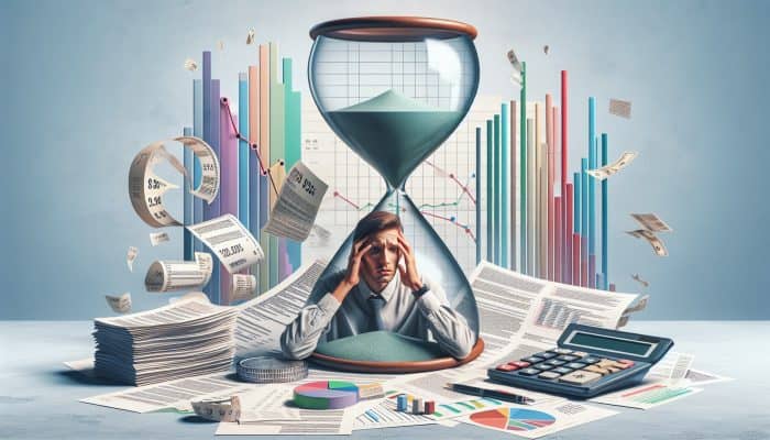 A worried UK resident amidst financial documents, calculator, and an hourglass symbolising extended loan terms and rising interest rates.