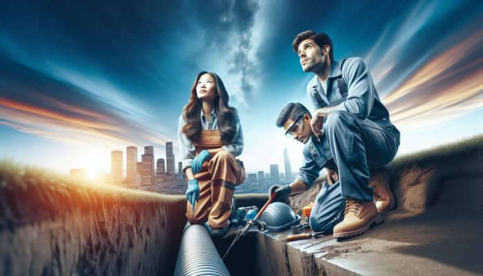 A professional drainage service team working on a home's foundation in Pitt Meadows, with satisfied homeowners.