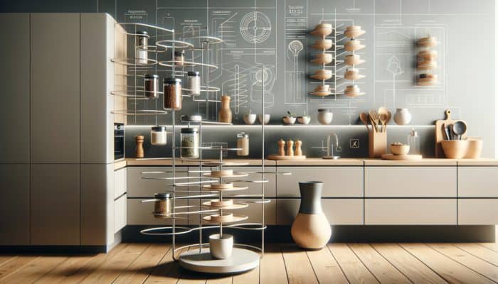 A modern kitchen with modular Nordic Ware and rotating Joseph Joseph spice racks, plus YouCopia and Oxo models.