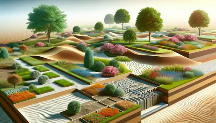 Yard featuring sandy and clay soils, varying slopes, mature trees, flower beds, and customized drainage systems.