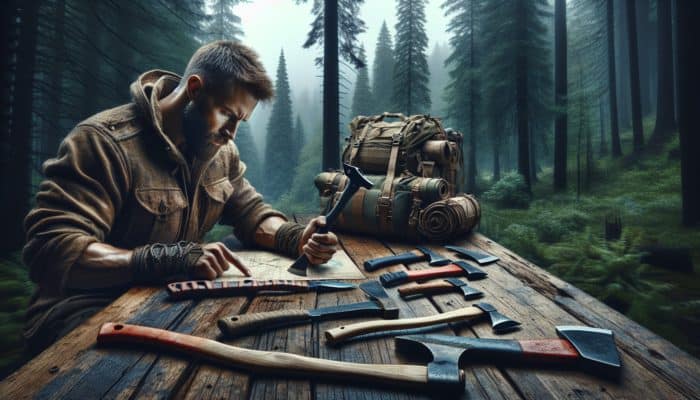 A survivalist in a forest examining various axes on a wooden table, close-up of a sturdy survival axe.