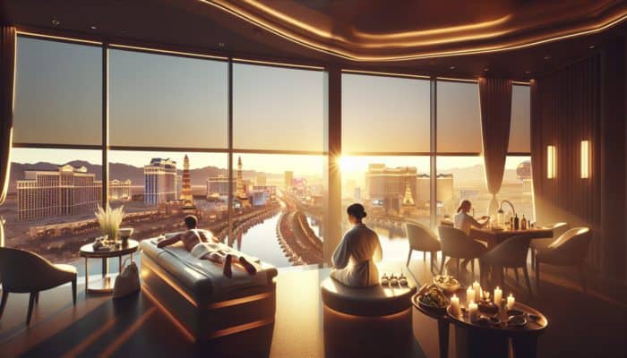 Luxurious Las Vegas hotel suite with a view of the Strip, guest enjoying a spa at sunrise and dining elegantly at night.