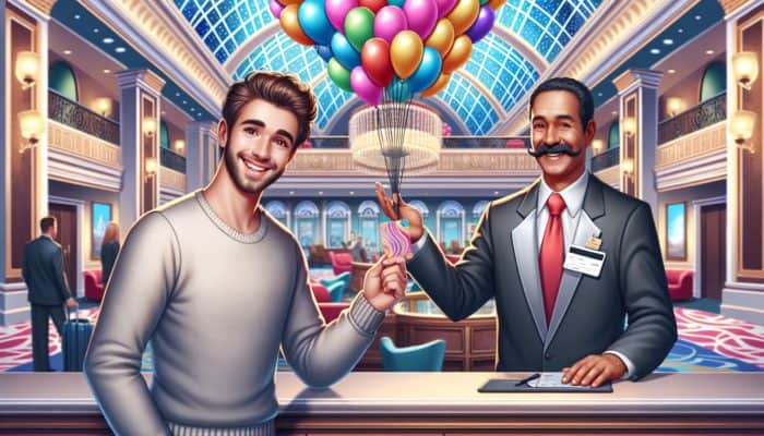 A guest smiling at a Las Vegas hotel lobby, asking for an upgrade and showing loyalty card, with balloons.