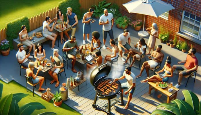 A vibrant social media post of a BBQ grill, people engaging online, promoting a BBQ challenge in a summer backyard.