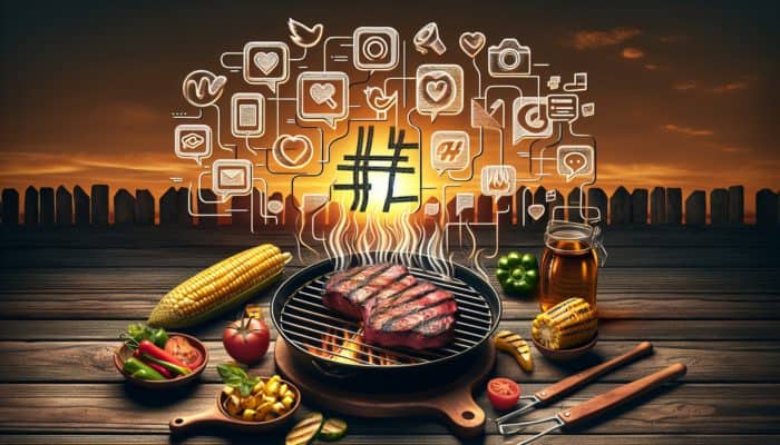 A vibrant graphic for BBQ challenge launch with grilled foods, unique hashtag, and social platform icons.