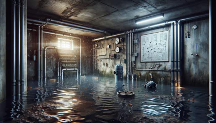 A flooded basement with debris-clogged drains, malfunctioning sump pump, and signs of improper installation and water infiltration.