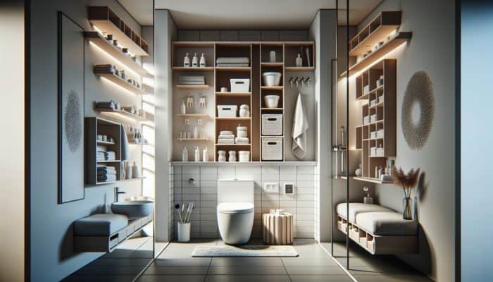 Modern bathroom featuring over-the-toilet shelves, wall niches, storage benches, and door organizers for maximised space and organisation.