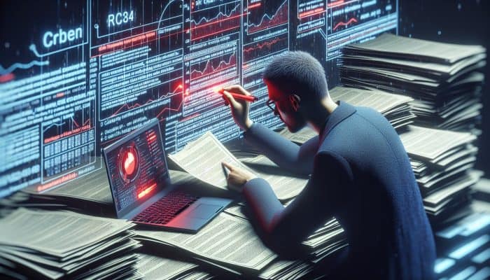 Person examining credit report, marking errors in red, with financial documents and laptop showing credit score analytics.