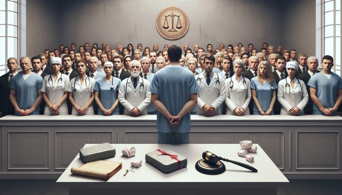 Healthcare professionals in court facing consequences for violating consent laws, surrounded by legal documents and a disappointed public.