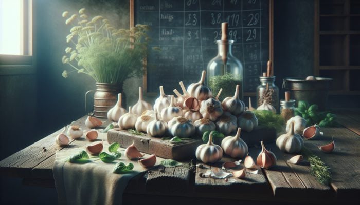 Garlic bulbs, peeled cloves, and herbs on a rustic table, representing UK herbal medicine.