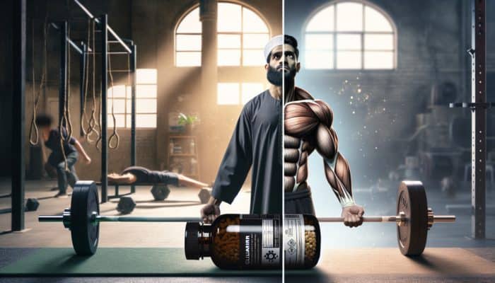 Person lifting weights in gym with glutamine supplement, showing before and after workout benefits.