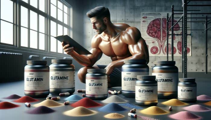 Person in gym comparing glutamine supplements, focusing on purity and form for post-workout recovery.