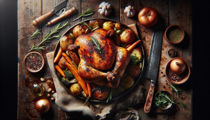 A succulent roast chicken with golden-brown skin, herbs, and roasted vegetables on a rustic table.