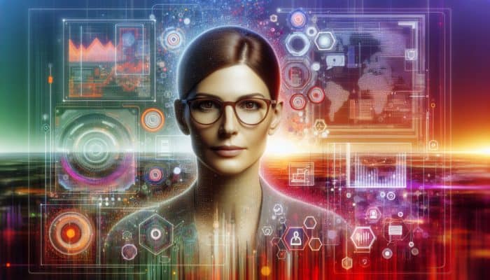 A digital landscape with charts and graphs, Ann Handley emphasizing accuracy and trust in content creation.