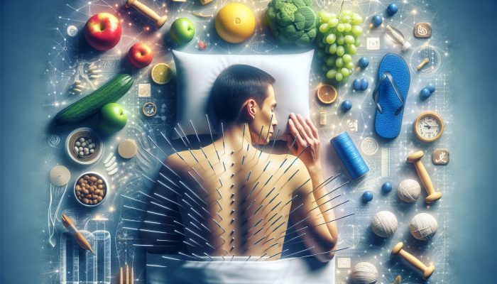 A serene acupuncture session with lifestyle balance symbols: healthy food, exercise gear, peaceful sleep area.