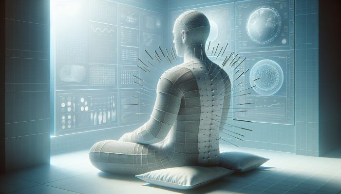 A person in loose, comfortable layered clothing during a serene acupuncture session in a tranquil room.