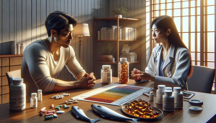 A person discussing vitamin D test results with a doctor, surrounded by supplements and fatty fish, in sunlight.