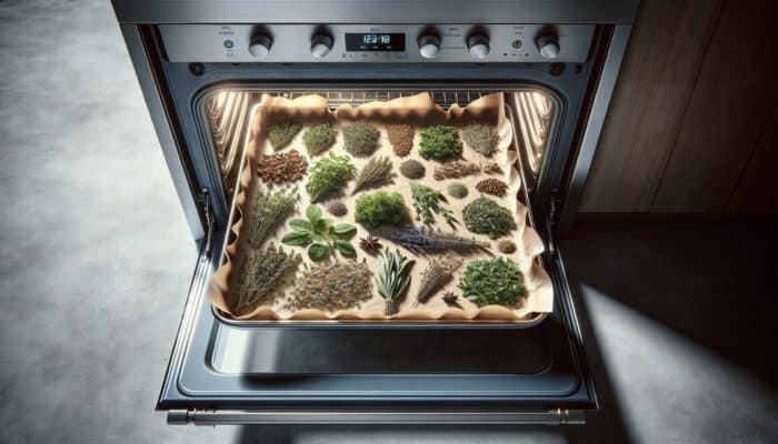 Herbs on a parchment-lined tray in a slightly ajar oven at 60°C, monitored to prevent burning.