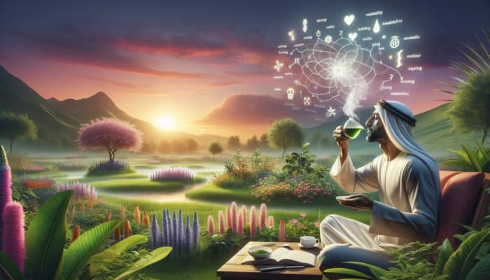 A person sipping green tea at sunrise in a peaceful garden, symbolizing metabolic boost and calm alertness.