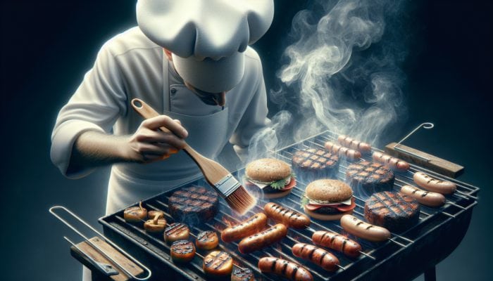 A chef grilling plant-based burgers and sausages, achieving char and smoky flavors with visible grill marks.