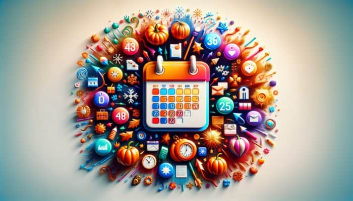 A vibrant calendar with seasonal icons like pumpkins, snowflakes, fireworks, and arrows pointing to key dates for strategic content planning.