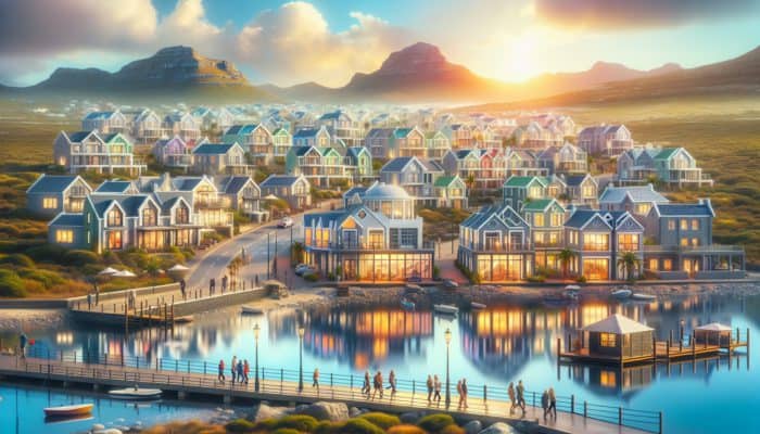 A picturesque coastal town of Hermanus with modern and traditional homes appreciating in value, surrounded by tourists and locals.