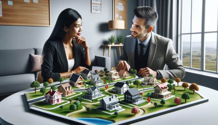 First-time buyer and real estate expert discussing strategies over a map of Hermanus neighborhoods and listings.