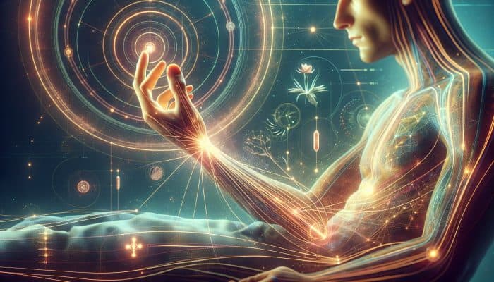 A serene acupuncture session targeting wrist and ankle points, with visualised energy flows connecting to internal organs for balance and healing.