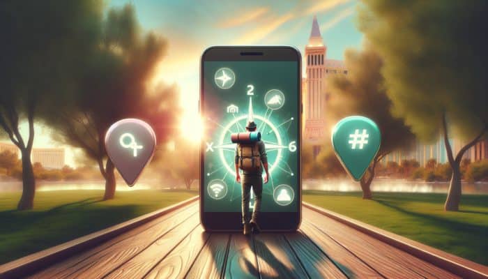 Person using smartphone with AllTrails and Google Maps to find serene parks and trails in Las Vegas, aided by social media hashtags.