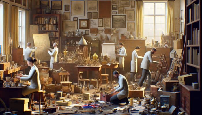 UK home filled with antiques, experts efficiently sorting and clearing items, warm and nostalgic.