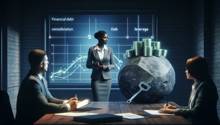 A financial advisor's office with charts, discussing £50,000 debt consolidation strategies with a client taking notes.
