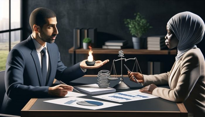 A person discussing debt consolidation with a financial advisor in a modern office, using charts and documents.
