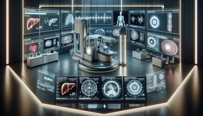 A modern medical lab with a FibroScan device scanning a liver model, surrounded by digital screens showing biomarker and imaging data.