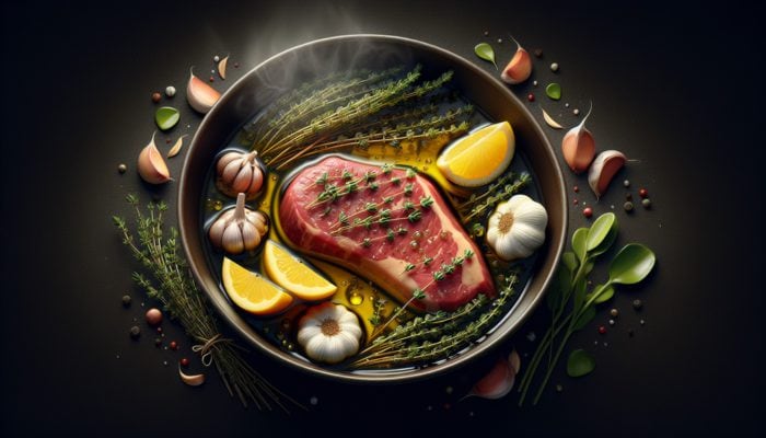 Marinating steak with thyme, garlic, lemon, and olive oil, steam rising.