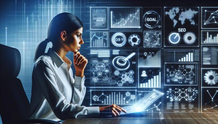 A digital marketing strategist viewing rising SEO performance graphs on a holographic interface, symbolizing success.