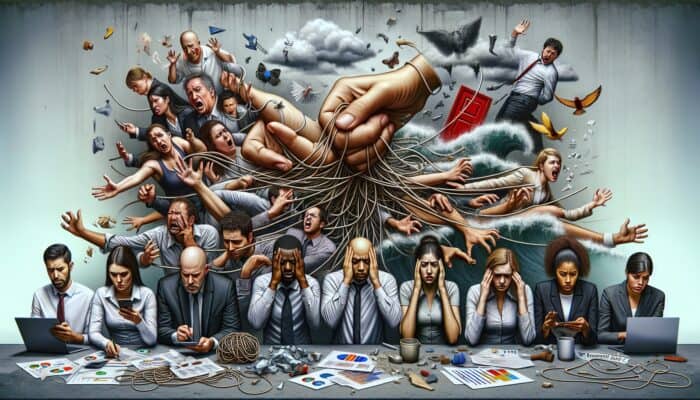 A frustrated team with scattered charts and a user clicking away from a website, showing SEO pitfalls.