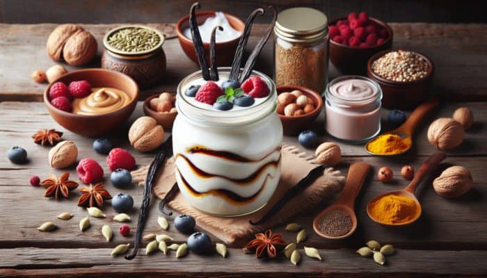 Jar of coconut yogurt with vanilla beans, berries, and exotic spices on a rustic wooden table.
