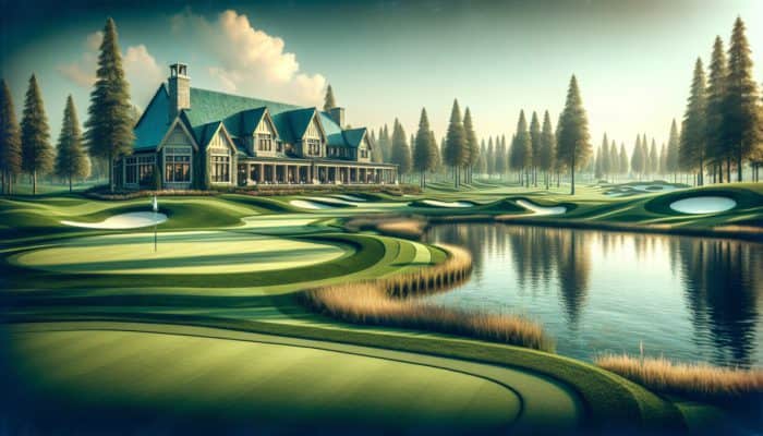 A serene golf course at Irene Country Club with lush greens, water features, and a majestic clubhouse.