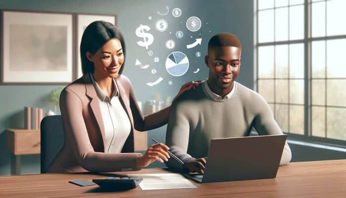 A financial advisor helps a student consolidate loan debt using a chart and laptop in an office.