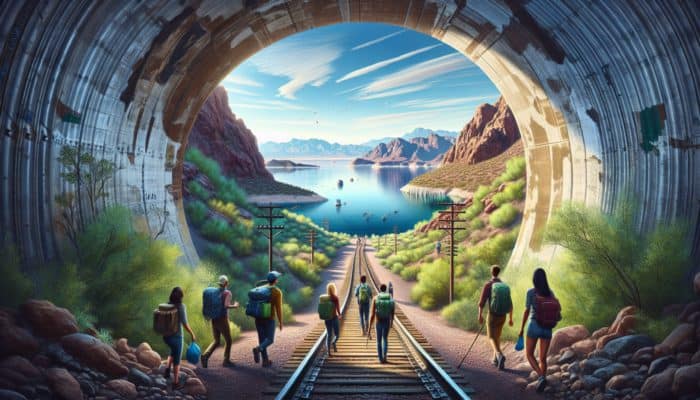 Hikers on Historic Railroad Trail at Lake Mead, enjoying scenic lake views and budget-friendly adventure.