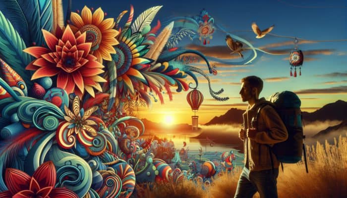 A budget traveler exploring Las Vegas' natural wonders during shoulder season at a sunrise festival.