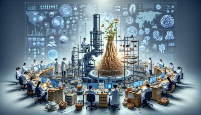Scientists analyzing ginseng samples in a lab, surrounded by charts and peer-reviewed journals.