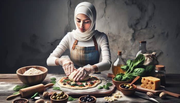 Chef kneading low-carb pizza dough with fresh ingredients on a rustic table.