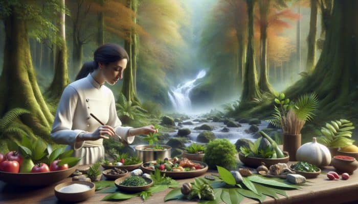 A chef cooking gourmet meal with natural elements in a lush forest by a waterfall.