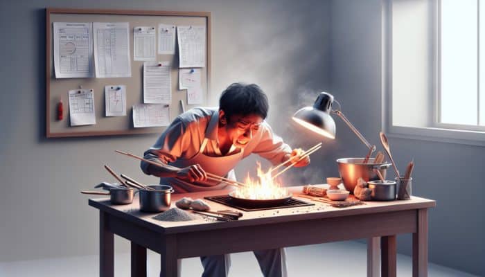 A novice cook struggles with heat control and hygiene over an open flame, using natural materials.