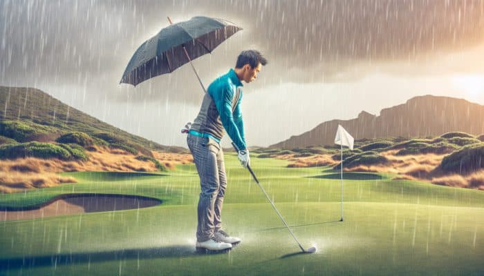 Golfer in South Africa using umbrella and rain jacket, adjusting stance and club selection in high winds during sudden summer thunderstorms.