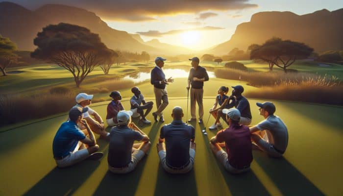 Ernie Els and Louis Oosthuizen at sunset on a South African golf course, teaching mental resilience to focused golfers.
