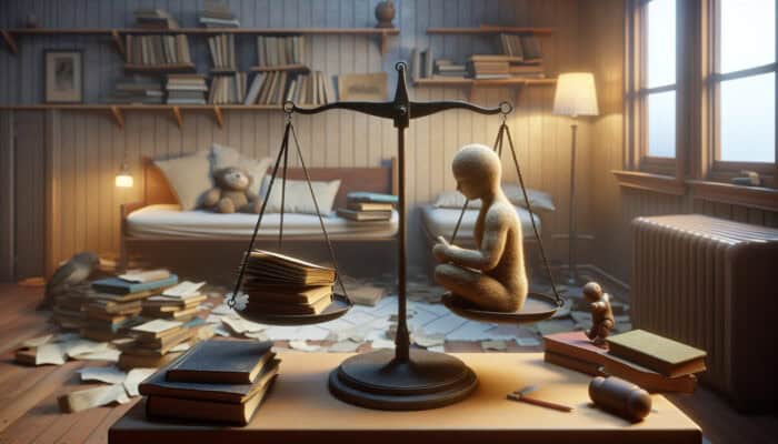 A person balancing a cherished book and a dusty toy on a scale in a cozy, organized room with limited storage.