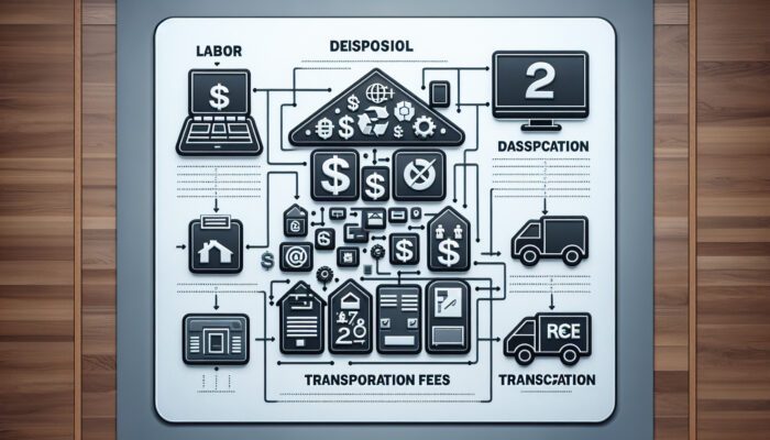 Infographic detailing house clearance costs with sections on labor, disposal, and transportation, illustrated with icons and graphs.