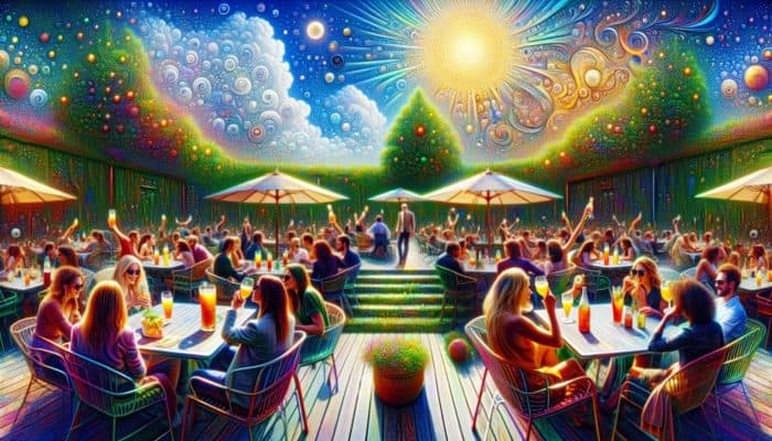 A vibrant patio scene with people enjoying colorful seltzer drinks, lush greenery, and a sunny sky.
